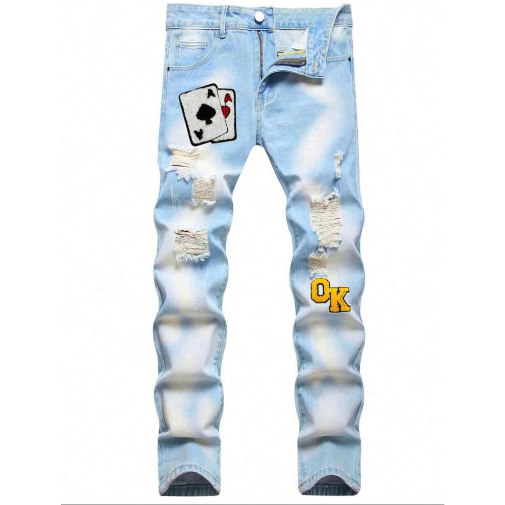 Men’s Distressed Light Blue Slim Straight Jeans, Poker Embroidery, Euro Style,28